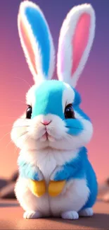 Cute blue bunny in sunset gradient mobile wallpaper.