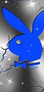 Blue bunny motif on metallic phone wallpaper.