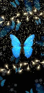 Blue butterflies with glowing fairy lights on a black background.