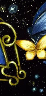 Mobile wallpaper with blue butterflies and golden heart pendant on dark background.