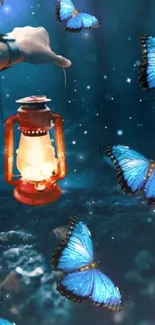 Vibrant blue butterflies surround a glowing lantern in a dark forest setting.