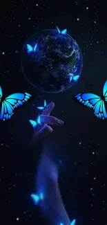 Blue butterflies surround Earth with starlit cosmic background.