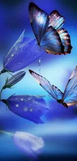 Blue butterflies resting on purple flowers with a tranquil blue background.