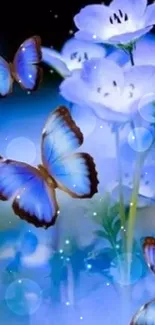 Blue butterflies flutter around delicate flowers in a serene nature wallpaper.