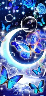 Blue butterflies flutter around a crescent moon with roses.