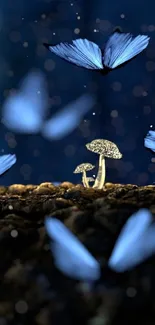 Ethereal blue butterflies around magical mushrooms in a nighttime forest.