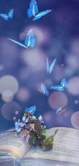 Blue butterflies fluttering above an open book with flowers on a dreamy background.