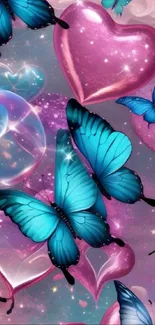 Colorful wallpaper of blue butterflies with sparkling pink hearts.