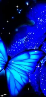 Vivid blue butterflies rest on a glowing blue rose, creating a magical scene.