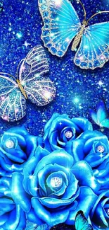 Blue butterflies and roses with glittering background.