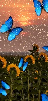 Blue butterflies fluttering over a sunflower field at sunset.