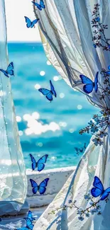 Blue butterflies flutter by a sunlit sea with floral curtains.