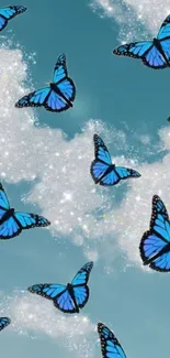 Vibrant blue butterflies in a tranquil cloudy sky wallpaper.