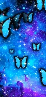 Blue butterflies in a starry cosmic background wallpaper.