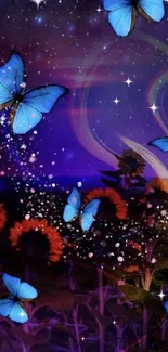 Magical blue butterflies flutter over sunflowers in a starry purple night sky.