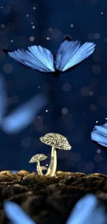 Blue butterflies and glowing mushrooms in a magical night scene.