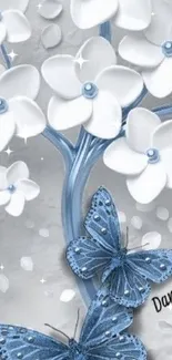 Blue butterflies and white flowers wallpaper.