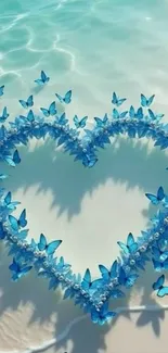 Heart made of blue butterflies on sandy beach