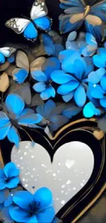 Blue butterflies and heart design wallpaper for mobile.