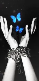 Blue butterflies and chained hands on a black background.