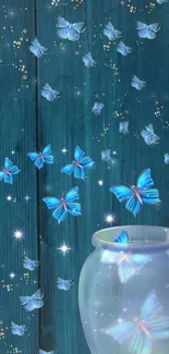 Enchanting blue butterflies over dark wooden background with a glass jar.