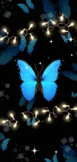 Blue butterflies with glowing lights on a dark background wallpaper.