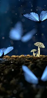 Mobile wallpaper with blue butterflies and glowing mushrooms at night.