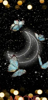 Mobile wallpaper with blue butterflies and crescent moon on a starry sky.