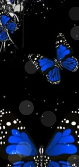 Blue butterflies on black with heart design mobile wallpaper.