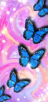 Blue butterflies on a pink and purple cosmic swirl background.