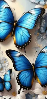 Vibrant blue butterflies on white flowers wallpaper.