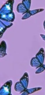 Vibrant blue butterflies on a soft lavender backdrop, ideal for mobile wallpaper.