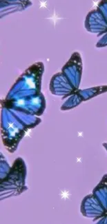 Blue butterflies on a soft lilac background wallpaper.