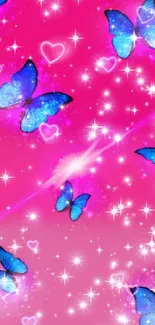 Blue butterflies on a sparkling pink background with hearts.