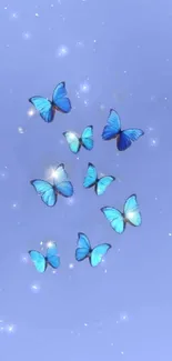 Blue butterflies flutter against a starry, light blue sky on a mobile wallpaper.