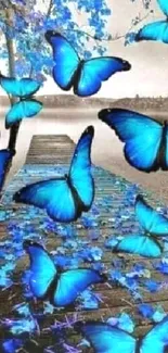 Vibrant blue butterflies on a wooden path by a lake, creating a serene atmosphere.