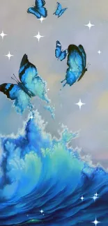 Blue butterflies soar above ocean waves in artistic mobile wallpaper.