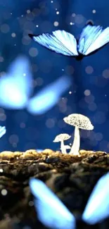 Surreal wallpaper with blue butterflies and glowing mushrooms.