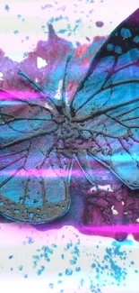 Blue butterfly on abstract splash background.