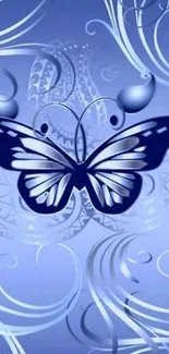 Blue butterfly abstract art with intricate swirls on wallpaper.