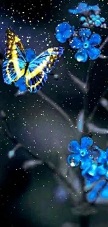 Beautiful yellow butterfly on blue flowers in dark theme.