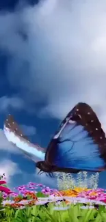 Vibrant blue butterfly hovering over colorful flowers with a blue sky backdrop.