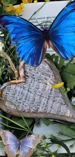 Blue butterfly resting on a wooden heart with flowers.