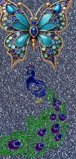 Blue butterfly and peacock with gemstone details on a glittery background.