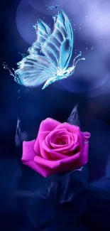 Mystical blue butterfly hovering over a pink rose on a dark background.