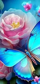 Blue butterfly rests on a pink rose in a vivid wallpaper scene.