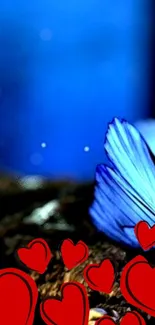 Vibrant blue butterfly with glowing red hearts creates a stunning mobile wallpaper.