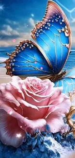 Blue butterfly on pink rose with beach in background.