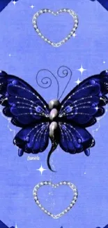 Elegant blue butterfly and roses wallpaper with heart designs.