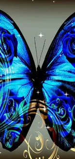 Vibrant blue butterfly with rose designs and golden swirls mobile wallpaper.